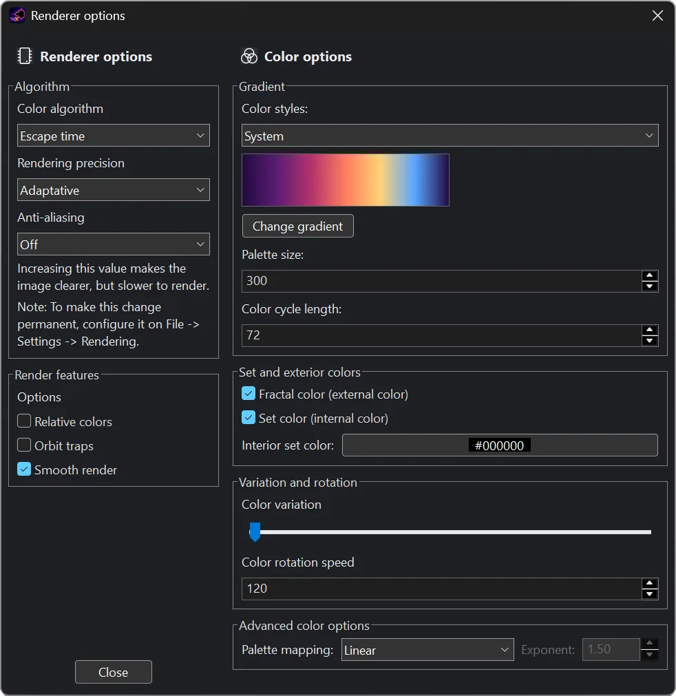 The wxChaos renderer options