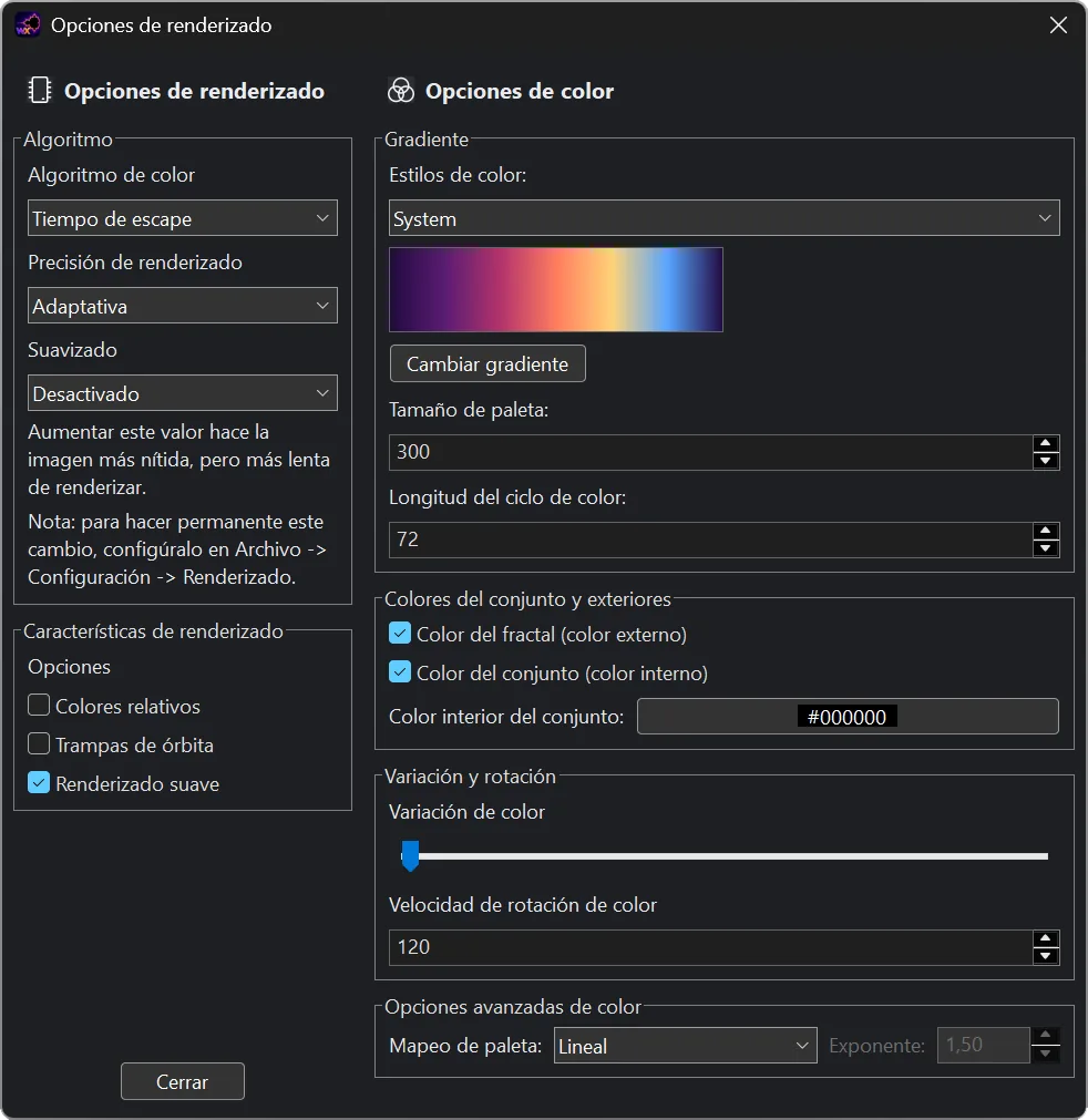 Las opciones del renderizador de wxChaos